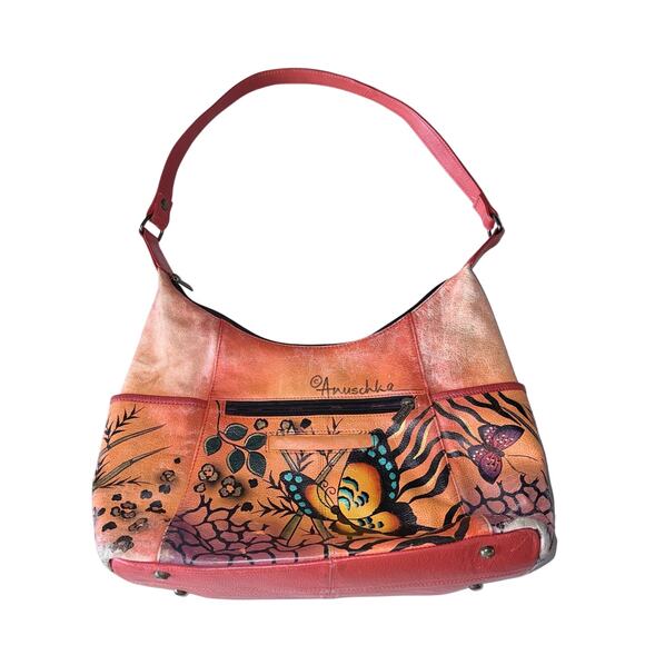Anuschka Handbags - Anusckha leather orange hand painted hobo shoulder bag butterflies whimsical